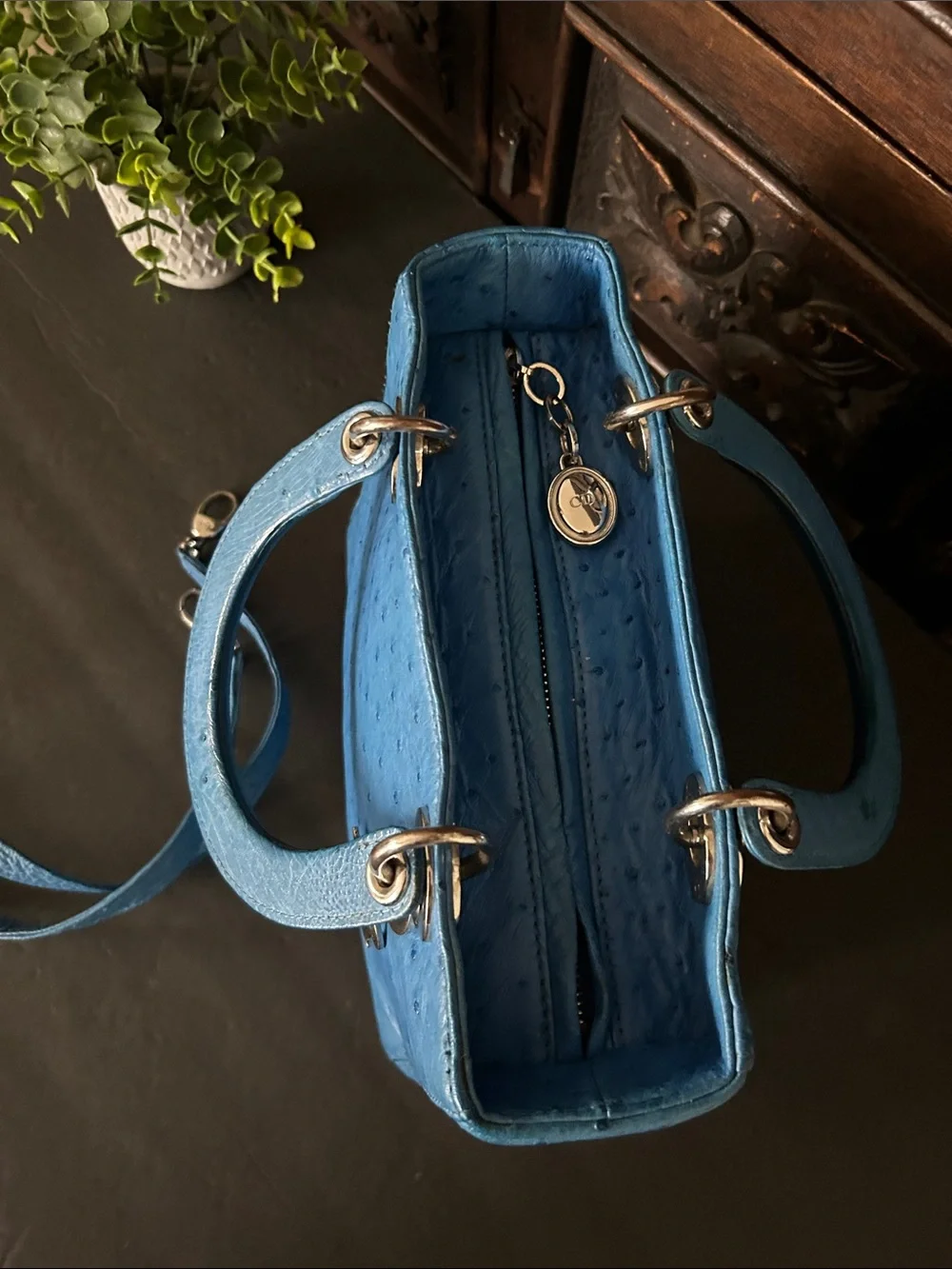 Beautiful Blue Ostrich-Textured Lady Tote with DR Charm